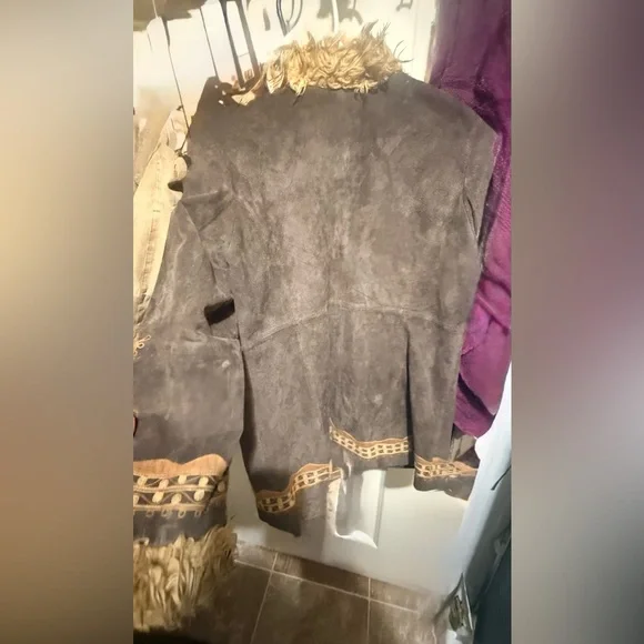Penny Lane Massini Brown Embroidered suede, leather vintage Jacket with Faux Fur - Picture 11 of 16